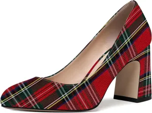 ROSERWISH Womens Comfortable Fashion Patent Party Slip On Round Toe Block High Heel Pumps Shoes 3.3 Inch