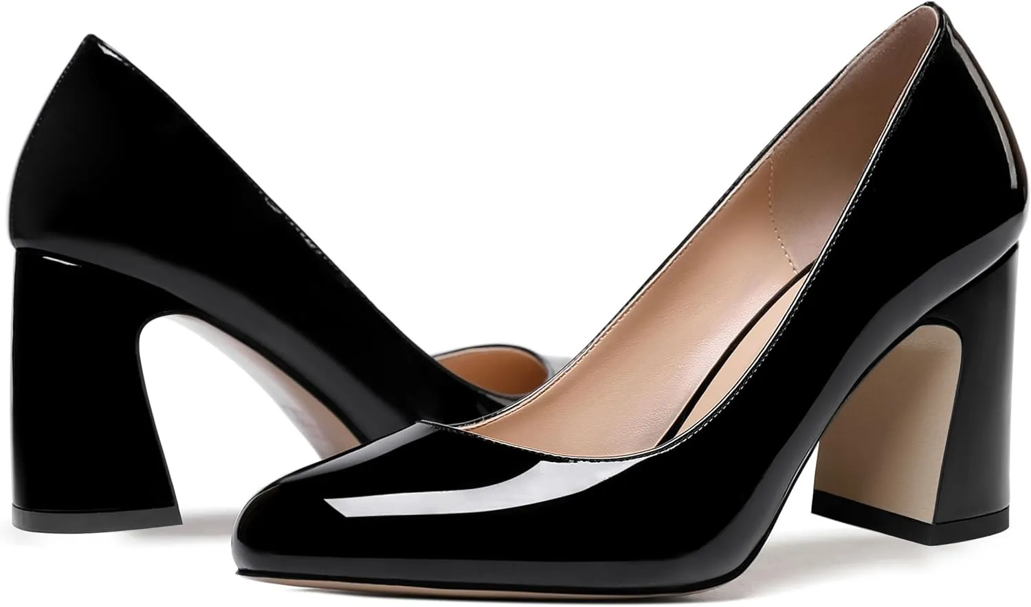 ROSERWISH Womens Comfortable Fashion Patent Party Slip On Round Toe Block High Heel Pumps Shoes 3.3 Inch