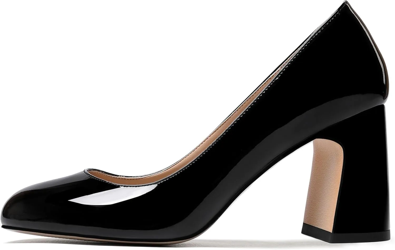 ROSERWISH Womens Comfortable Fashion Patent Party Slip On Round Toe Block High Heel Pumps Shoes 3.3 Inch