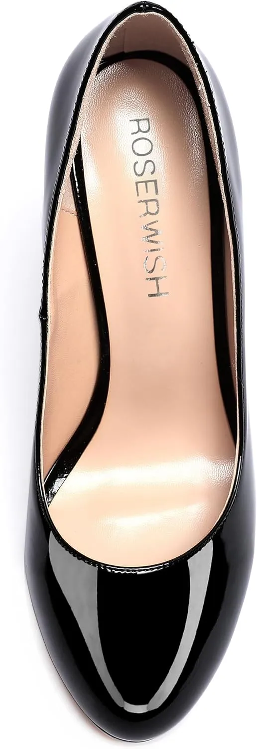 ROSERWISH Womens Comfortable Fashion Patent Party Slip On Round Toe Block High Heel Pumps Shoes 3.3 Inch