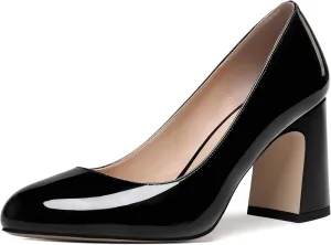 ROSERWISH Womens Comfortable Fashion Patent Party Slip On Round Toe Block High Heel Pumps Shoes 3.3 Inch