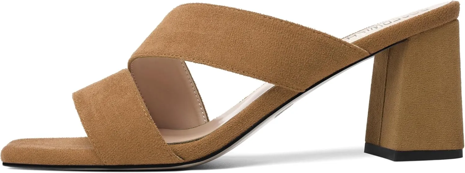 ROSERWISH Womens Open Toe Comfortable Suede Dating Slip On Casual Block Mid Heel Heeled Sandals 2.5 Inch