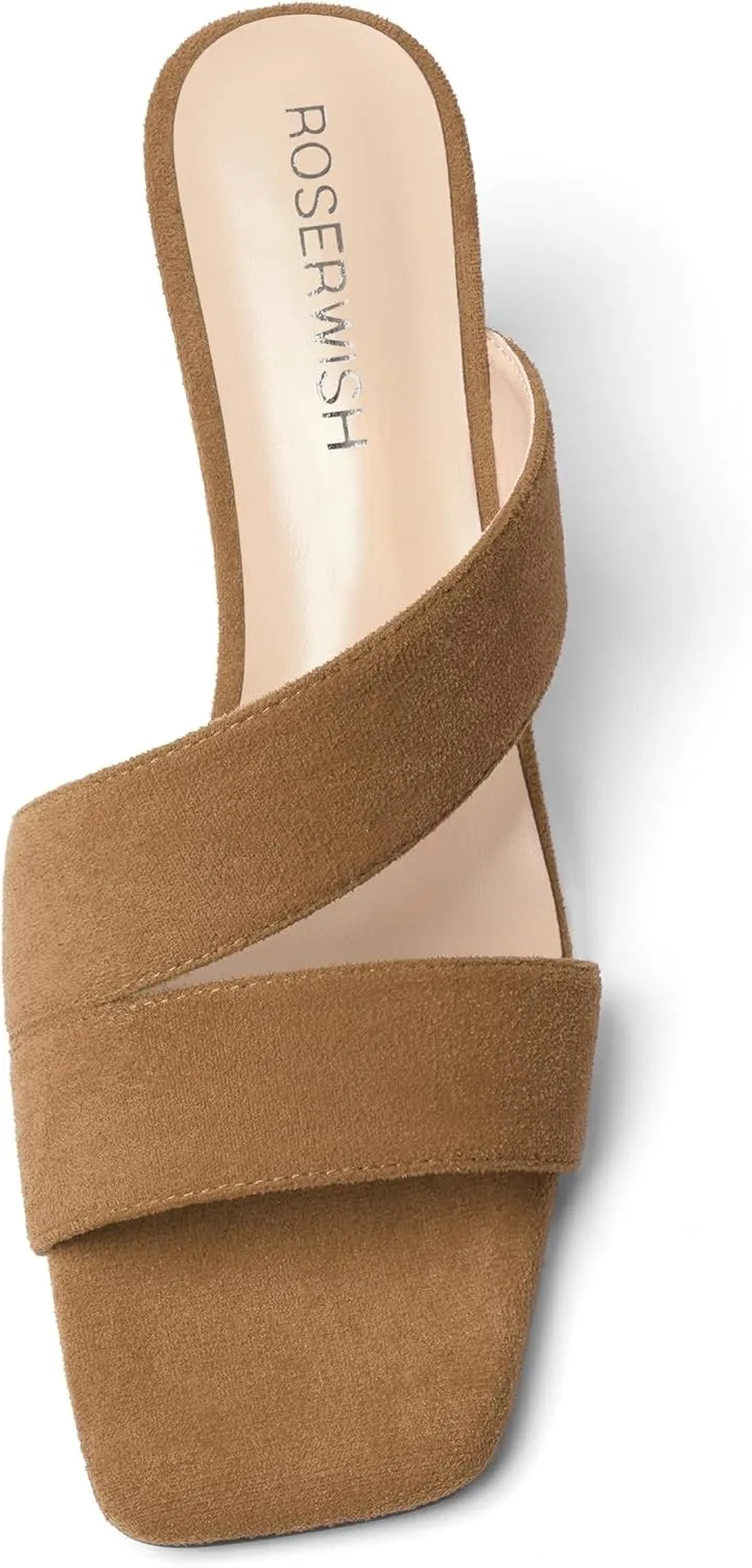 ROSERWISH Womens Open Toe Comfortable Suede Dating Slip On Casual Block Mid Heel Heeled Sandals 2.5 Inch