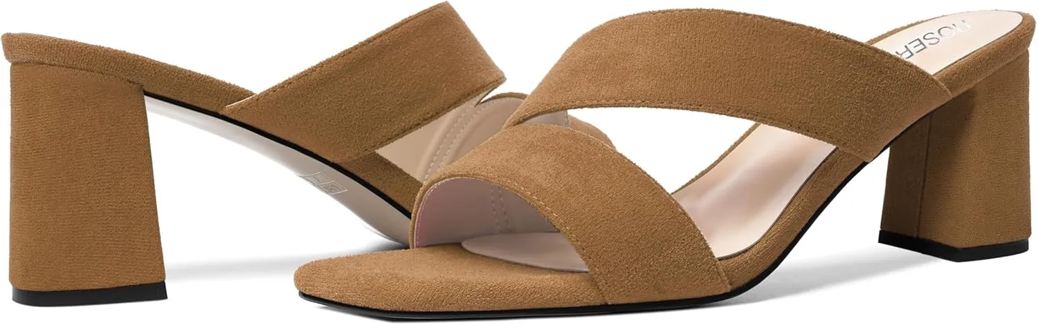 ROSERWISH Womens Open Toe Comfortable Suede Dating Slip On Casual Block Mid Heel Heeled Sandals 2.5 Inch