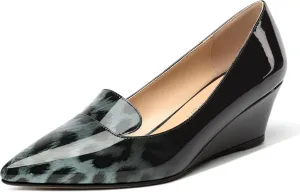 ROSERWISH Womens Patent Comfortable Casual Slip On Office Pointed Toe Wedge Low Heel Pumps Dress Shoes 2 Inch