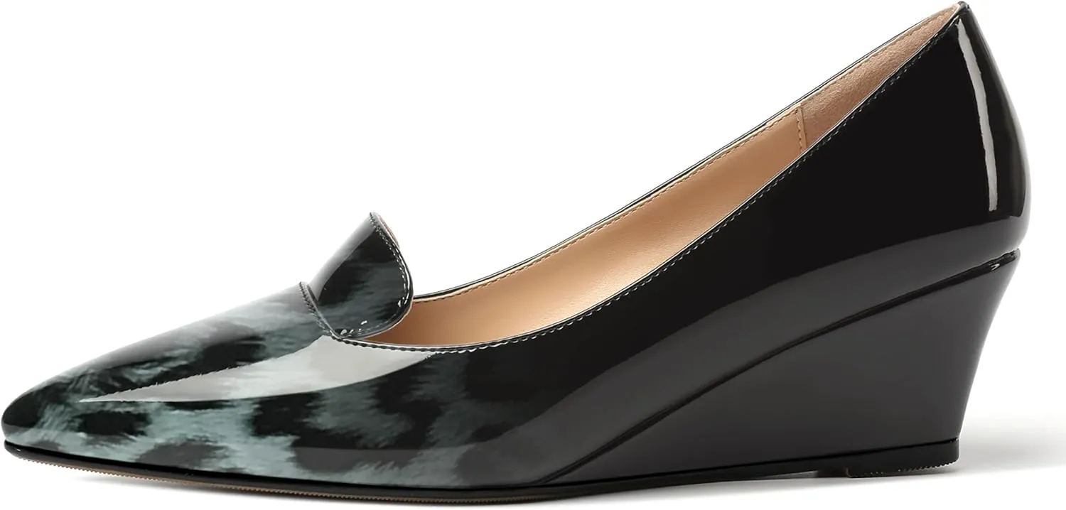 ROSERWISH Womens Patent Comfortable Casual Slip On Office Pointed Toe Wedge Low Heel Pumps Dress Shoes 2 Inch