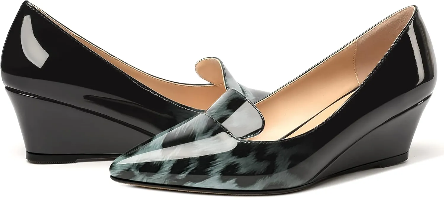 ROSERWISH Womens Patent Comfortable Casual Slip On Office Pointed Toe Wedge Low Heel Pumps Dress Shoes 2 Inch