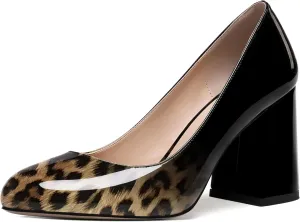 ROSERWISH Womens Wedding Patent Slip On Round Toe Comfortable Fashion Block High Heel Pumps Shoes 3.3 Inch