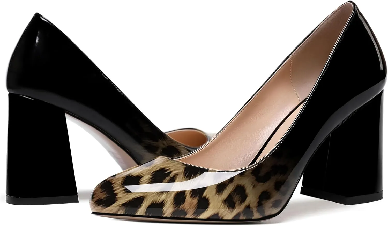 ROSERWISH Womens Wedding Patent Slip On Round Toe Comfortable Fashion Block High Heel Pumps Shoes 3.3 Inch