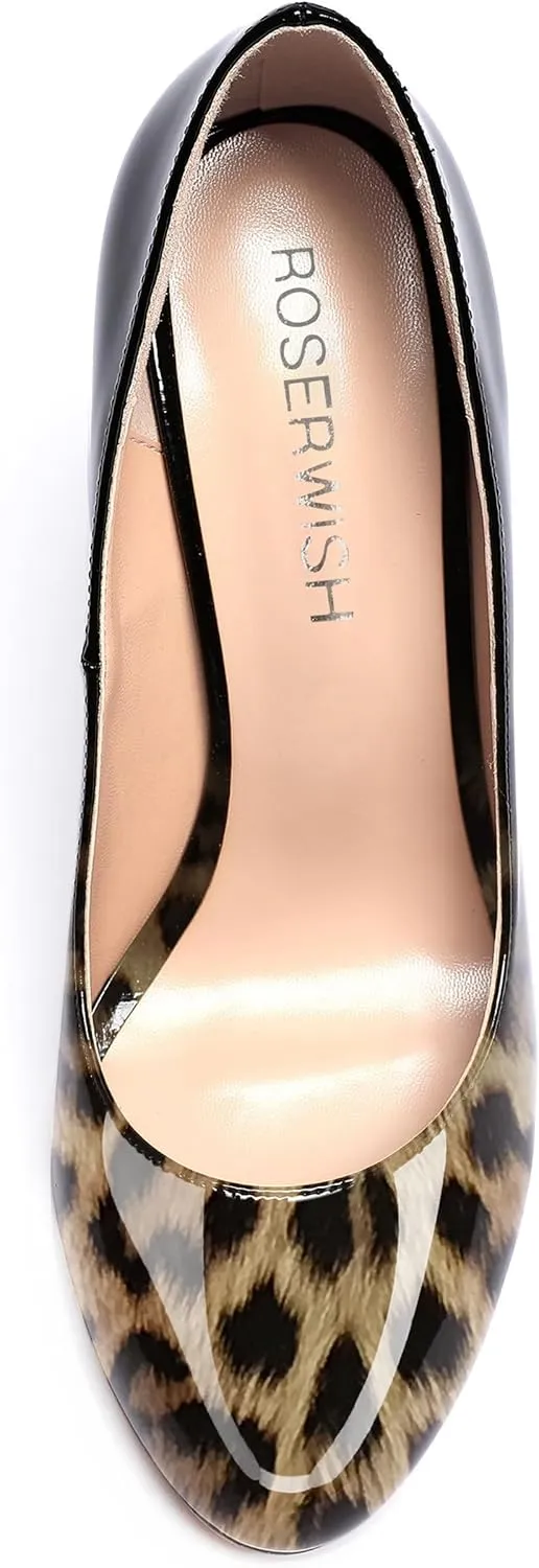 ROSERWISH Womens Wedding Patent Slip On Round Toe Comfortable Fashion Block High Heel Pumps Shoes 3.3 Inch