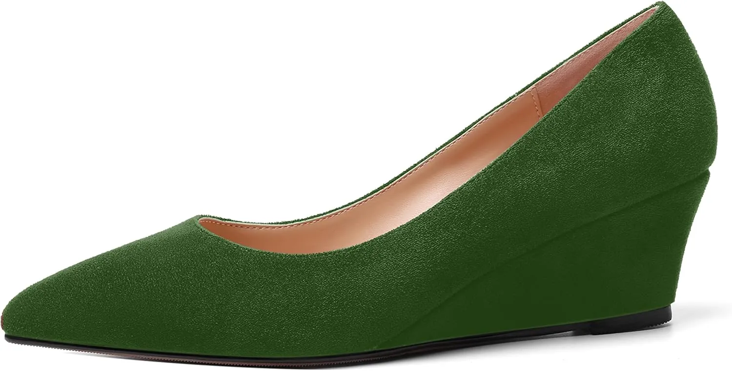 ROSERWISH Womens Wedding Pointed Toe Suede Fashion Slip On Comfortable Wedge Low Heel Pumps Dress Shoes 2 Inch