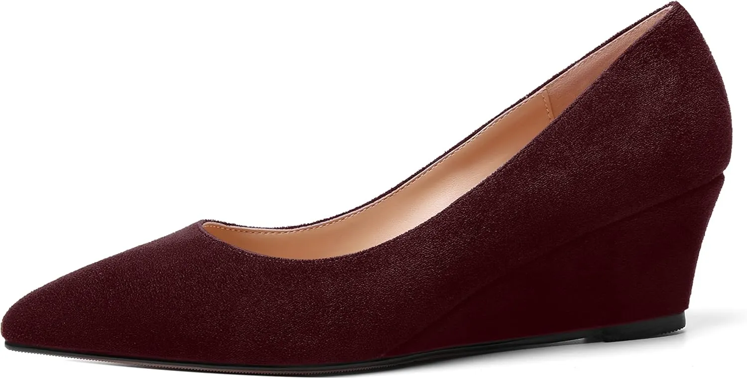 ROSERWISH Womens Wedding Pointed Toe Suede Fashion Slip On Comfortable Wedge Low Heel Pumps Dress Shoes 2 Inch