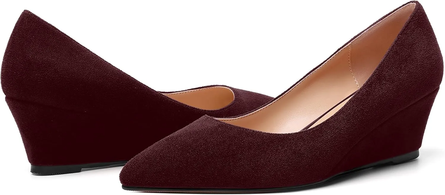 ROSERWISH Womens Wedding Pointed Toe Suede Fashion Slip On Comfortable Wedge Low Heel Pumps Dress Shoes 2 Inch