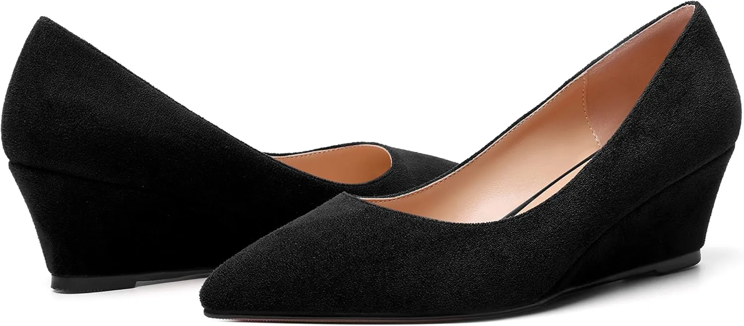 ROSERWISH Womens Wedding Pointed Toe Suede Fashion Slip On Comfortable Wedge Low Heel Pumps Dress Shoes 2 Inch