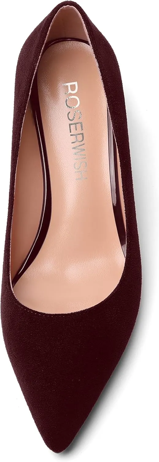 ROSERWISH Womens Wedding Pointed Toe Suede Fashion Slip On Comfortable Wedge Low Heel Pumps Dress Shoes 2 Inch