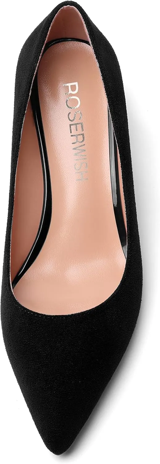 ROSERWISH Womens Wedding Pointed Toe Suede Fashion Slip On Comfortable Wedge Low Heel Pumps Dress Shoes 2 Inch