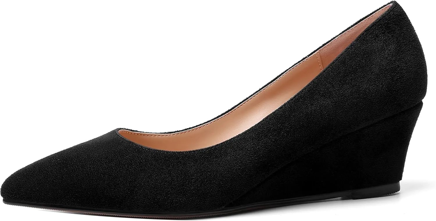 ROSERWISH Womens Wedding Pointed Toe Suede Fashion Slip On Comfortable Wedge Low Heel Pumps Dress Shoes 2 Inch