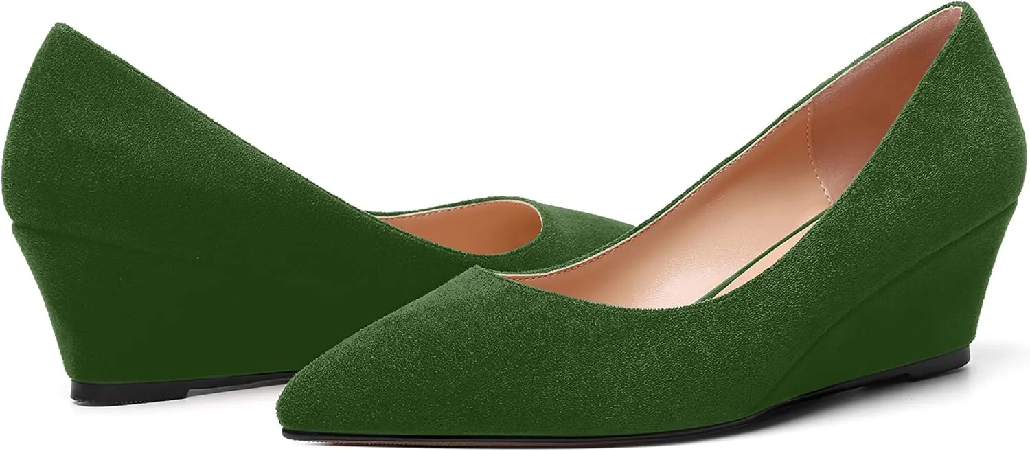 ROSERWISH Womens Wedding Pointed Toe Suede Fashion Slip On Comfortable Wedge Low Heel Pumps Dress Shoes 2 Inch
