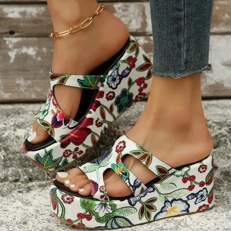 Round Daily Patchwork Printing Stable Wedges Height Reliable customer care Comfortable Out 2.36in) Casual Door (Heel Hollowed Out Shoes