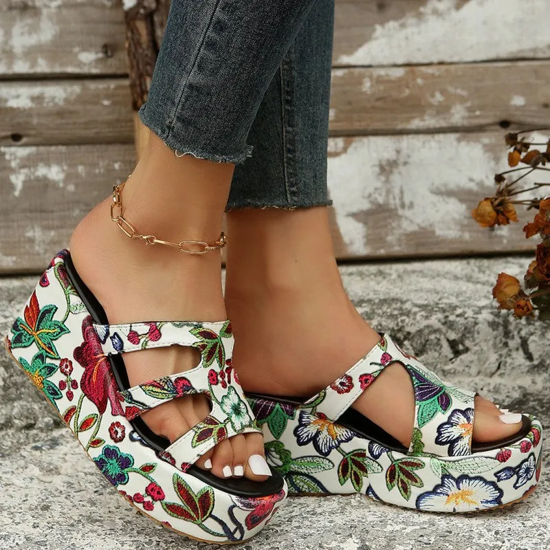 Round Daily Patchwork Printing Stable Wedges Height Reliable customer care Comfortable Out 2.36in) Casual Door (Heel Hollowed Out Shoes