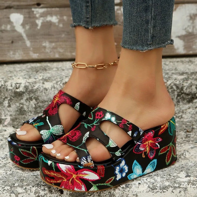 Round Daily Patchwork Printing Stable Wedges Height Reliable customer care Comfortable Out 2.36in) Casual Door (Heel Hollowed Out Shoes