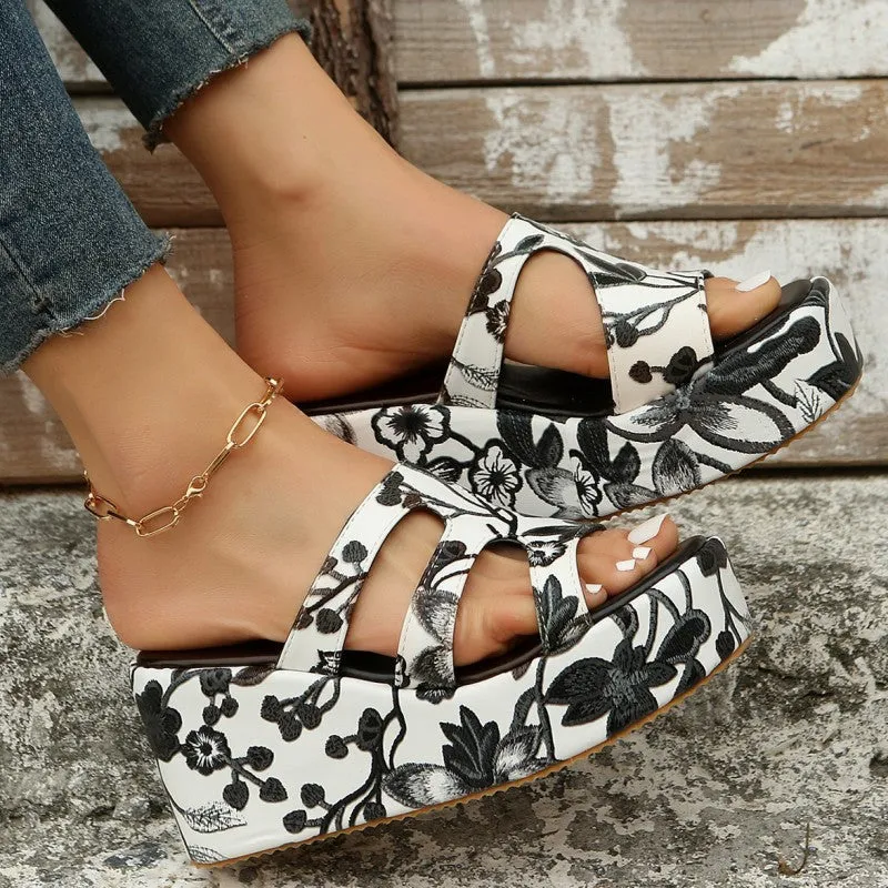 Round Daily Patchwork Printing Stable Wedges Height Reliable customer care Comfortable Out 2.36in) Casual Door (Heel Hollowed Out Shoes
