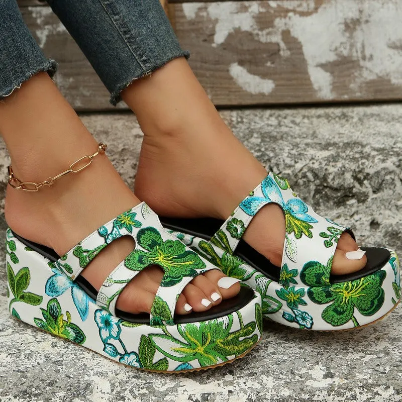 Round Daily Patchwork Printing Stable Wedges Height Reliable customer care Comfortable Out 2.36in) Casual Door (Heel Hollowed Out Shoes