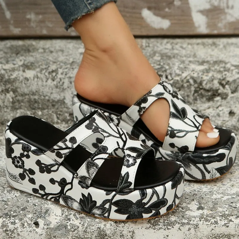 Round Daily Patchwork Printing Stable Wedges Height Reliable customer care Comfortable Out 2.36in) Casual Door (Heel Hollowed Out Shoes