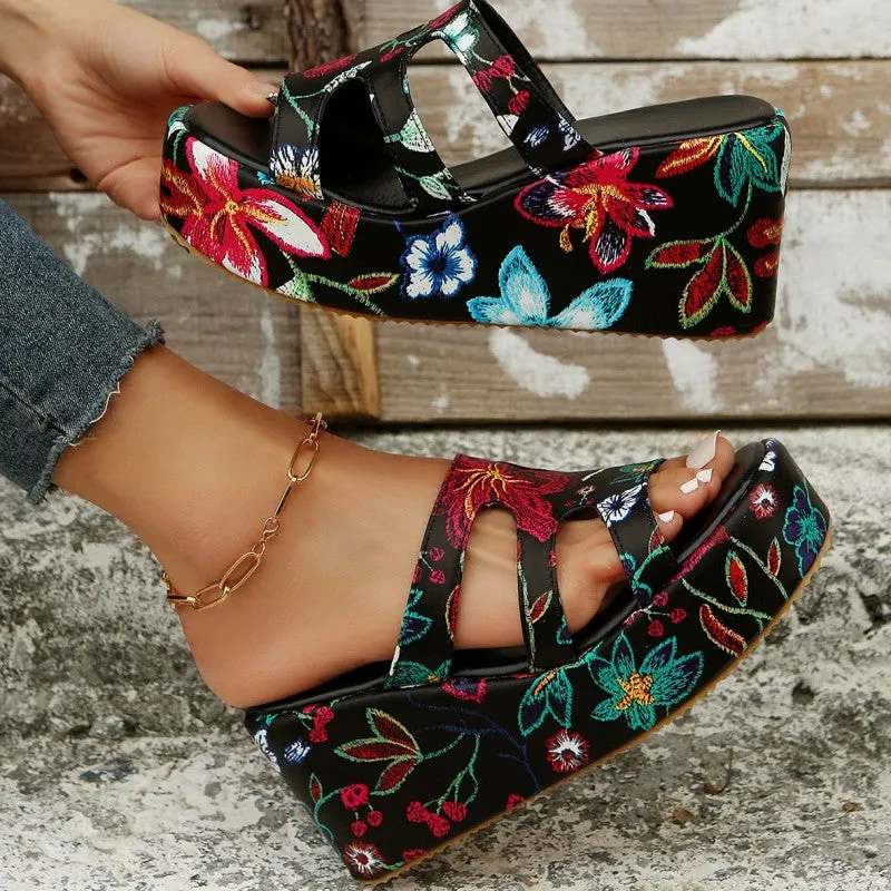 Round Daily Patchwork Printing Stable Wedges Height Reliable customer care Comfortable Out 2.36in) Casual Door (Heel Hollowed Out Shoes