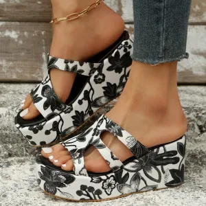 Round Daily Patchwork Printing Stable Wedges Height Reliable customer care Comfortable Out 2.36in) Casual Door (Heel Hollowed Out Shoes