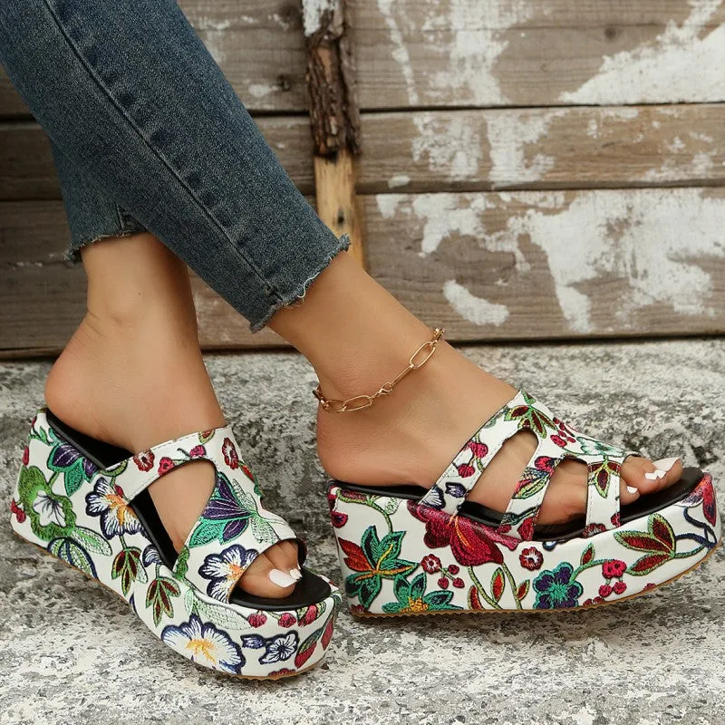 Round Daily Patchwork Printing Stable Wedges Height Reliable customer care Comfortable Out 2.36in) Casual Door (Heel Hollowed Out Shoes