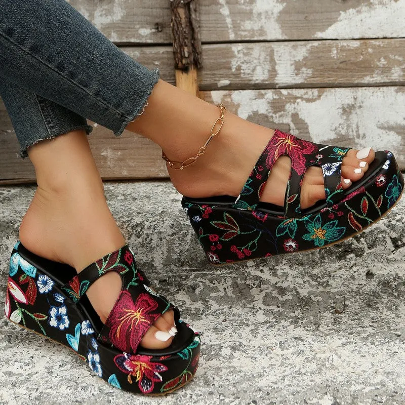 Round Daily Patchwork Printing Stable Wedges Height Reliable customer care Comfortable Out 2.36in) Casual Door (Heel Hollowed Out Shoes