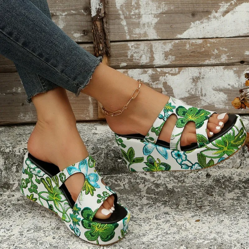 Round Daily Patchwork Printing Stable Wedges Height Reliable customer care Comfortable Out 2.36in) Casual Door (Heel Hollowed Out Shoes
