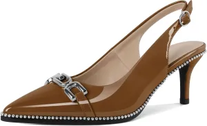 SAMMITOP Slingback Heels for Women Pointed Toe Kitten Low Heel Pumps Silver Beaded Metal Buckle Comfortable Slip On Party Prom Dress Shoes 2.4 Inch