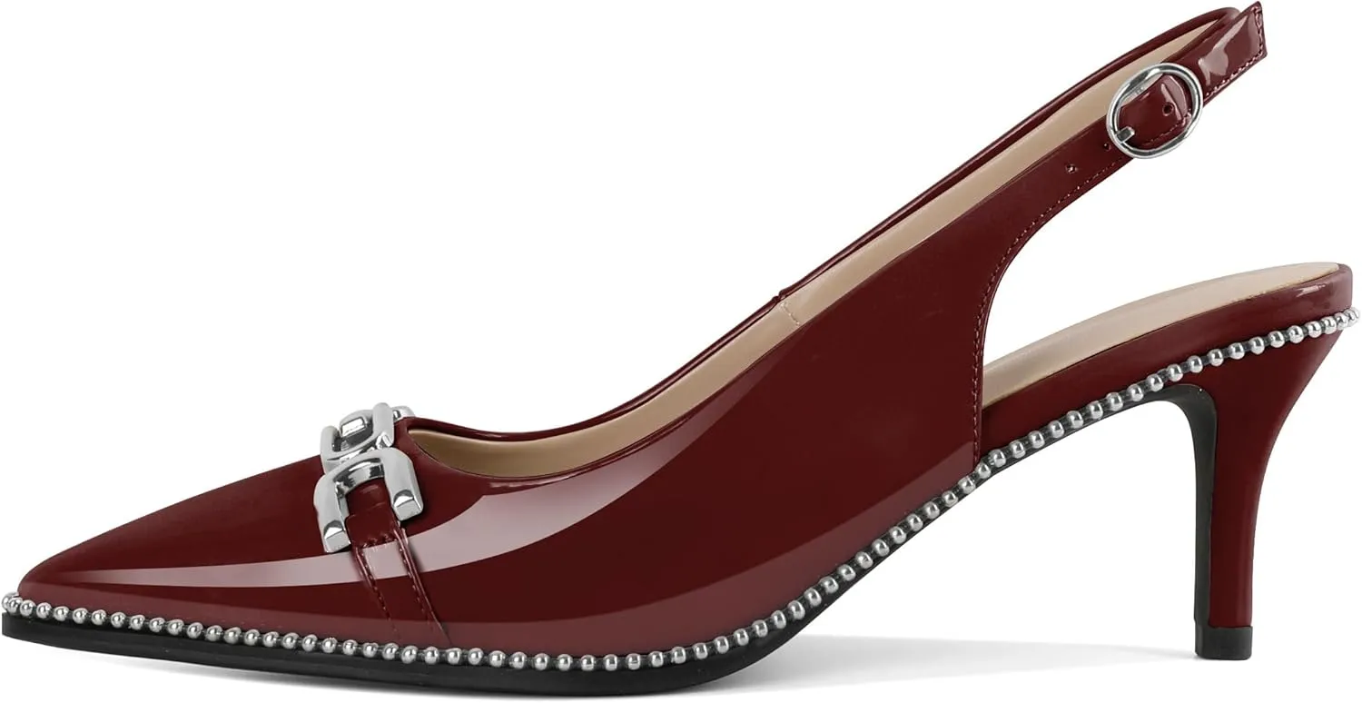 SAMMITOP Slingback Heels for Women Pointed Toe Kitten Low Heel Pumps Silver Beaded Metal Buckle Comfortable Slip On Party Prom Dress Shoes 2.4 Inch