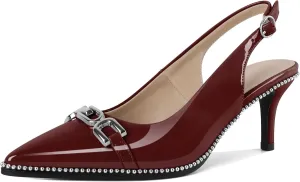 SAMMITOP Slingback Heels for Women Pointed Toe Kitten Low Heel Pumps Silver Beaded Metal Buckle Comfortable Slip On Party Prom Dress Shoes 2.4 Inch
