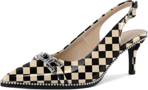 SAMMITOP Slingback Heels for Women Pointed Toe Kitten Low Heel Pumps Silver Beaded Metal Buckle Comfortable Slip On Party Prom Dress Shoes 2.4 Inch