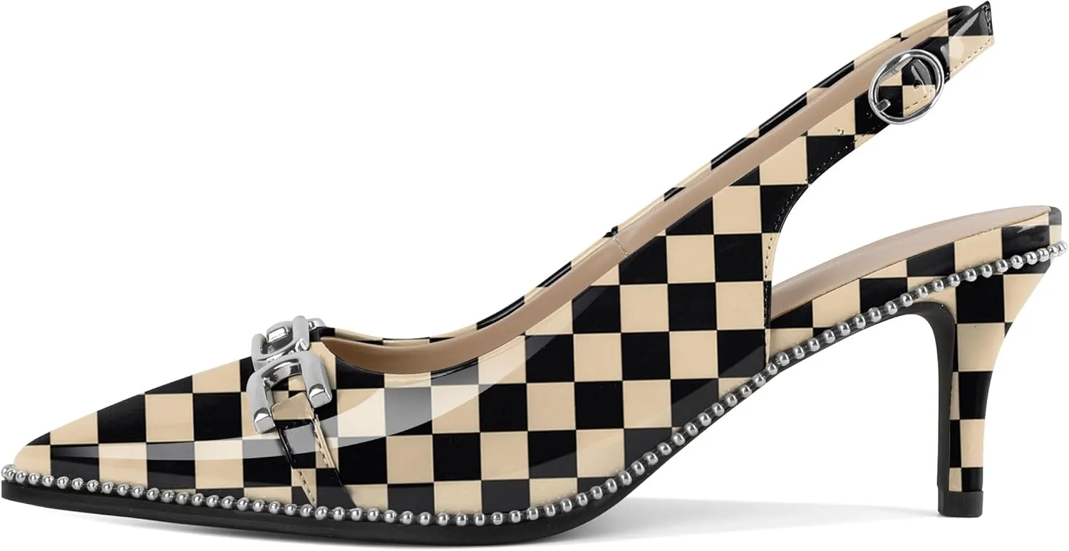 SAMMITOP Slingback Heels for Women Pointed Toe Kitten Low Heel Pumps Silver Beaded Metal Buckle Comfortable Slip On Party Prom Dress Shoes 2.4 Inch