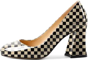 SAMMITOP Women's Chunky Block High Heeled Round Closed Toe Pumps Slip on Heels Comfortable Casual Wedding Dress Shoes