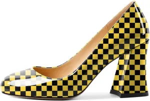 SAMMITOP Women's Chunky Block High Heeled Round Closed Toe Pumps Slip on Heels Comfortable Casual Wedding Dress Shoes