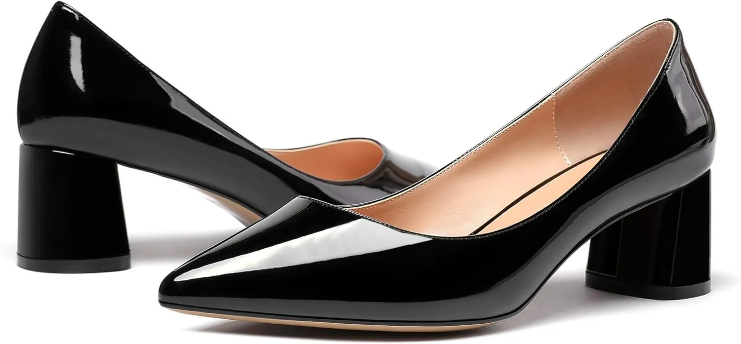 SAMMITOP Women's Women's Chunky Heels Slip-on Pumps Comfortable Leather Mid Heel Pointed Toe Block Office Classic Shoes 5 cm Heel