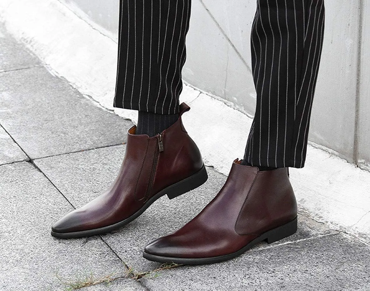 Santimon Mens Chelsea Boots Leather Zipper Ankle Dress Boots for Men Black Burgundy