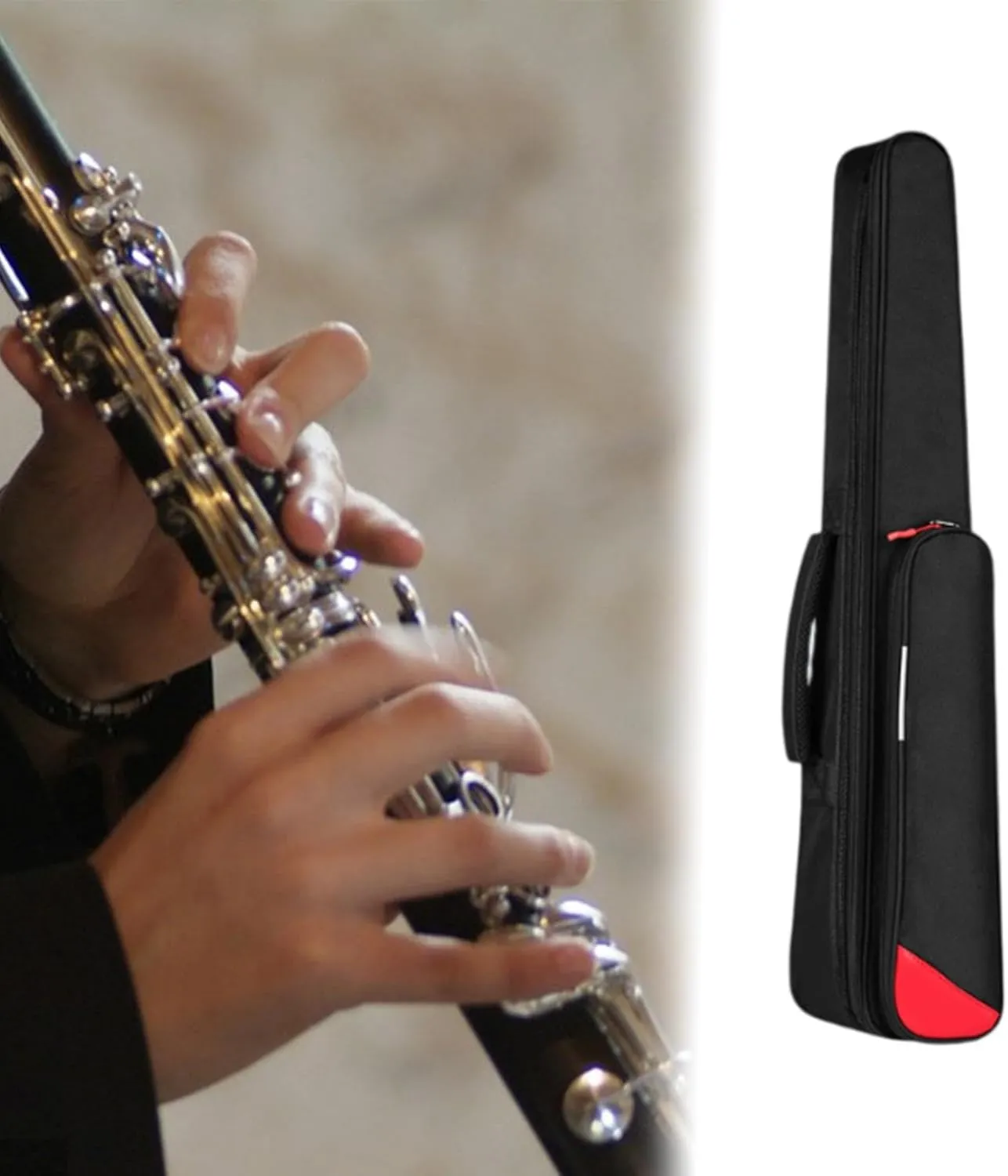 Sax Clarinet Bag Digital Wind Instrument Backpack Portable Shockproof Cross Body Bag for Crampon Clarinet Electric Flute, Black with red