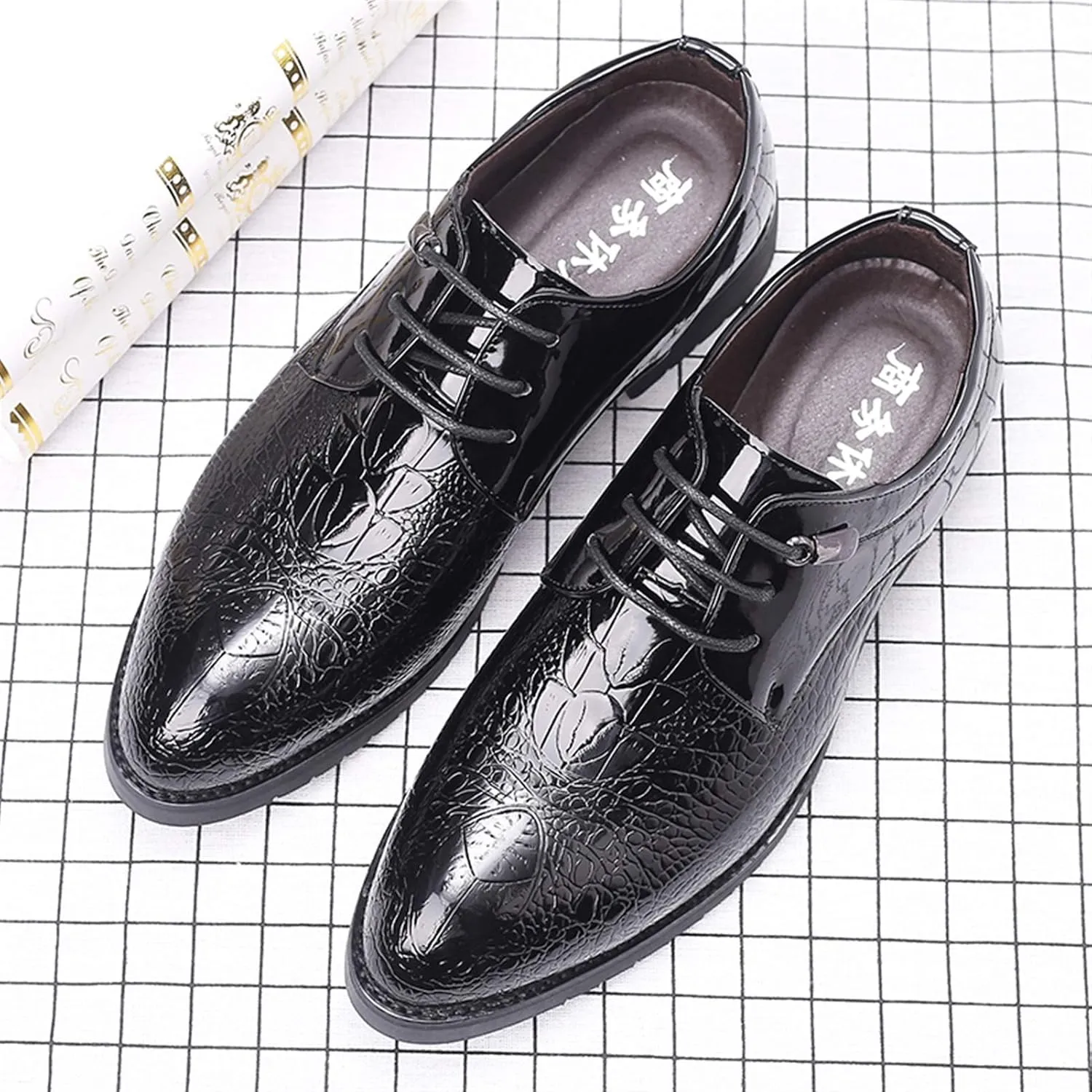 Shoes Dress Oxford for Men Lace Up Crocodile Embossed Round Toe Derby Shoes Patent Leather Low Top Block Heel Anti-Slip Resistant Non Slip Wedding Suitable for Many Occasions