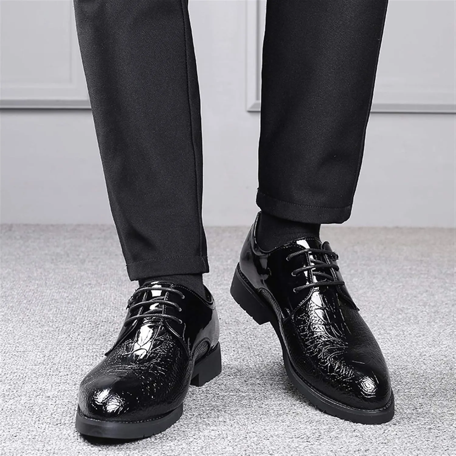 Shoes Dress Oxford for Men Lace Up Crocodile Embossed Round Toe Derby Shoes Patent Leather Low Top Block Heel Anti-Slip Resistant Non Slip Wedding Suitable for Many Occasions