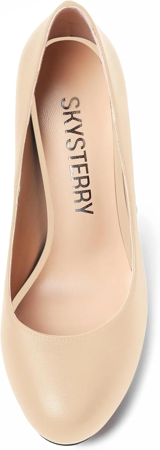 SKYSTERRY Womens Round Toe Casual Office Matte Slip On Spool High Heel Pumps Shoes 4 Inch