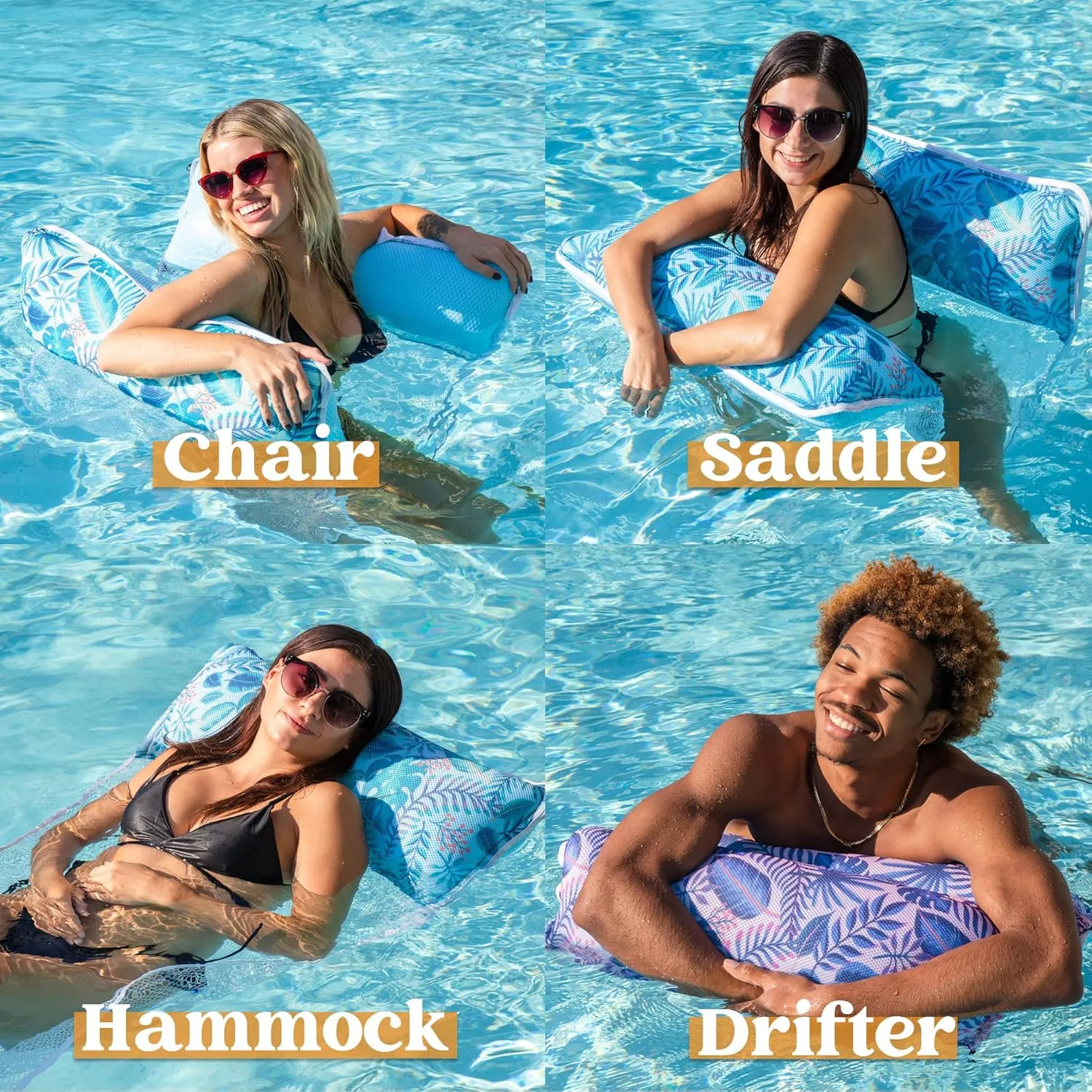 Sloosh 3 Pack Inflatable Pool Float Hammock, Water Lounges, Multi-Purpose Swimming Pool Accessories (Saddle, Lounge Chair, Hammock, Drifter), Lake, Outdoor, Beach