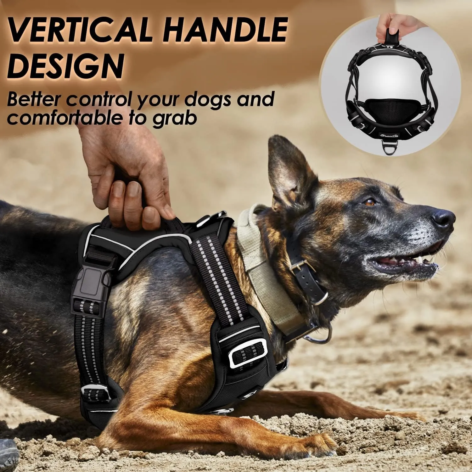 SlowTon No Pull Dog Harness, Heavy Duty No Choke Pet Harness with 2 Leash Clips and Easy Control Vertical Handle, Adjustable Soft Padded Dog Vest for Small, Medium and Large Dogs(Black,Large)