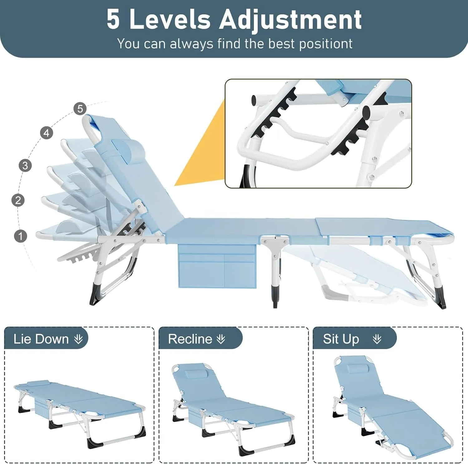 Slsy Sleeping Cots for Adults, 5-Position Folding Chaise Lounge Chairs Outdoor, Portable Folding Bed Cot Lounge Chair for Beach Lawn Camping Pool Sun Tanning
