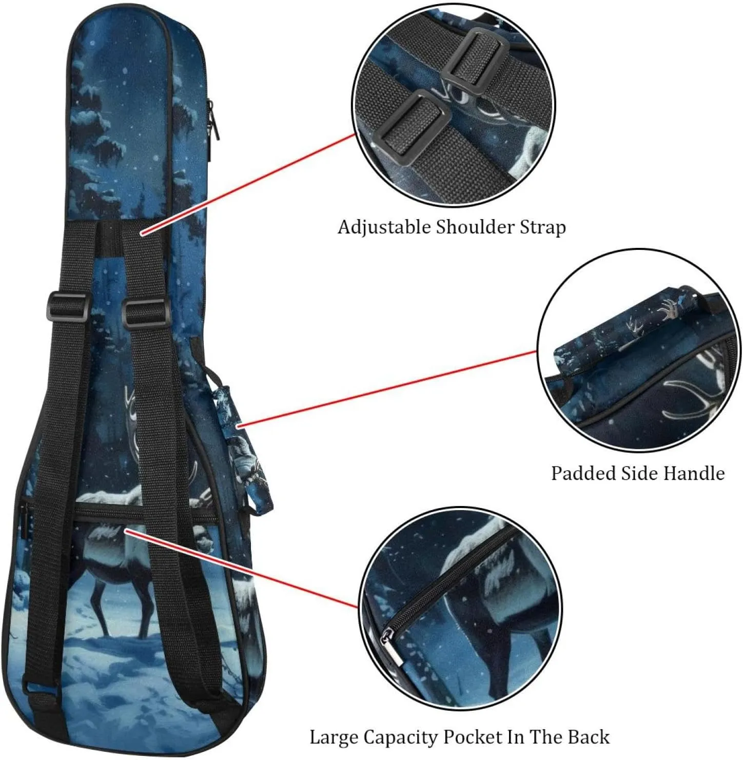 Snow Caribou Tree Forest Night Ukulele Case, Padded Bag for 23 Inch Concert Ukulele, Waterproof & Durable